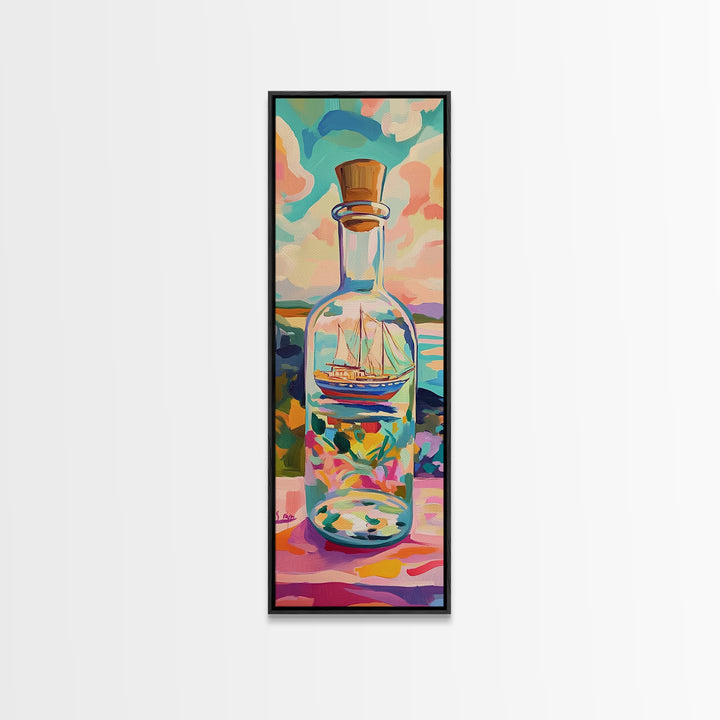 Sailing Ship In Glass Bottle Canvas Print, Coastal Wall Decor, Nautical Ocean Art, Beach House Decor, Gift For Sailboat Lover