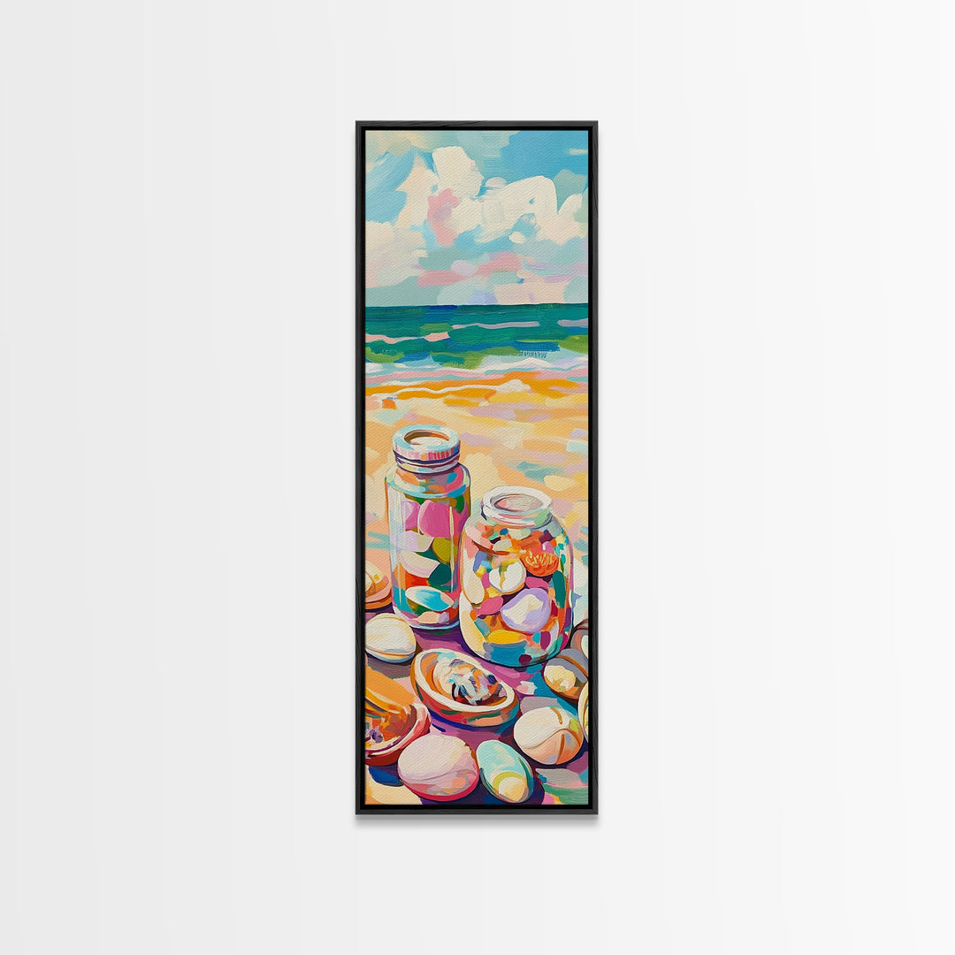 Beach Seashell Jars Canvas Print, Coastal Wall Art, Ocean Decor, Nautical Art Print, Beach House Living Room Decor Gift Idea