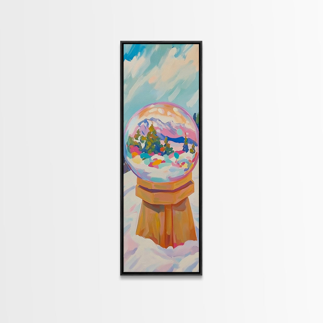 Mountain Snow Globe With Rainbow Winter Scene Framed Canvas Print, Whimsical Wall Art, Nursery Decor, Christmas Gift, Cozy Home Decor