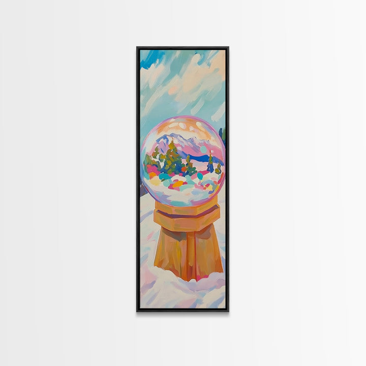 Mountain Snow Globe With Rainbow Winter Scene Framed Canvas Print, Whimsical Wall Art, Nursery Decor, Christmas Gift, Cozy Home Decor