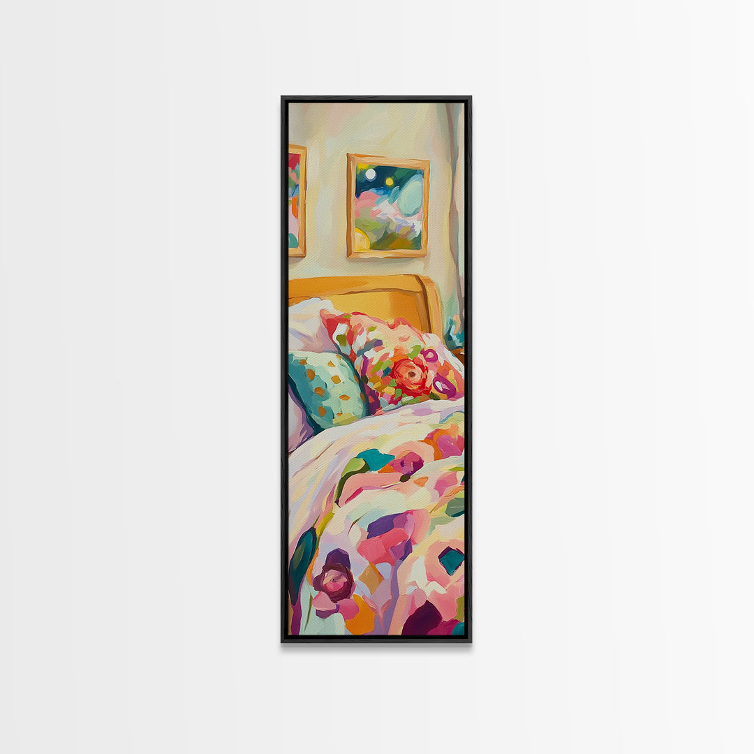Floral Pillows On Cozy Bedroom Bed Framed Canvas Print, Romantic Wall Art, Bedroom Decor, Above Bed Art, Housewarming Gift