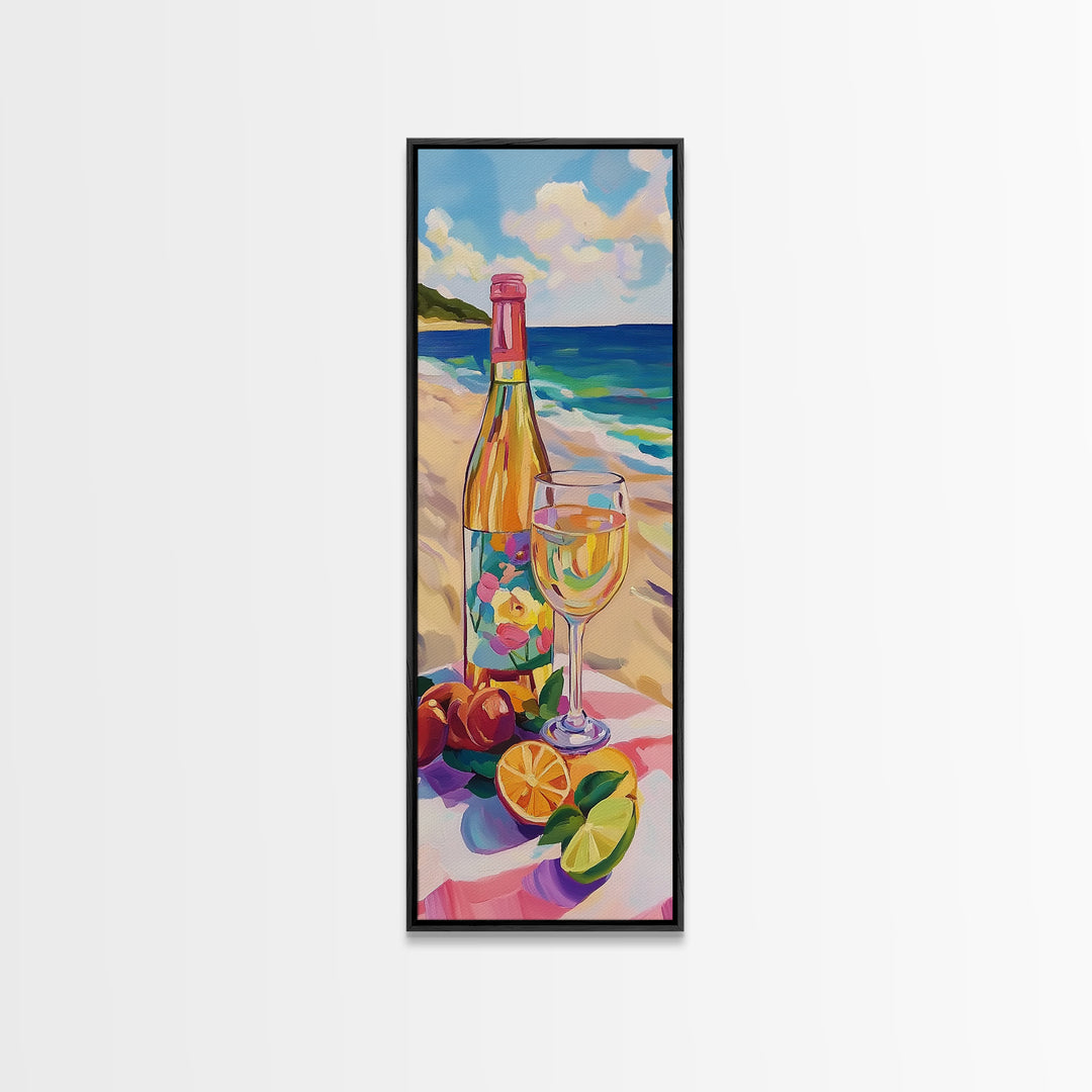 Champagne Bottle And Glass On Tropical Beach Canvas Print, Coastal Wall Art, Kitchen Decor, Wine Lover Gift, Summer Vibes Decor