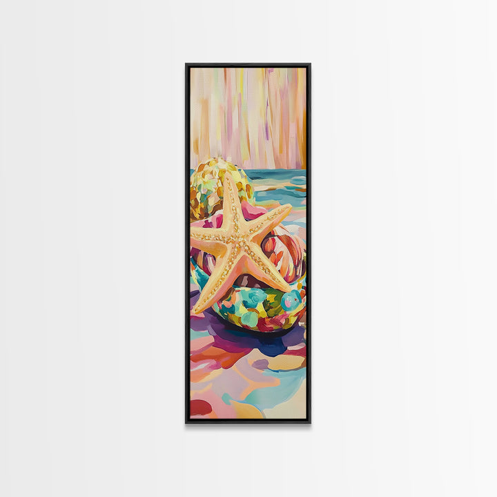 Golden Starfish In Glass Bowl Coastal Still Life Framed Canvas Print, Beach Wall Art, Ocean Decor, Summer Housewarming Gift