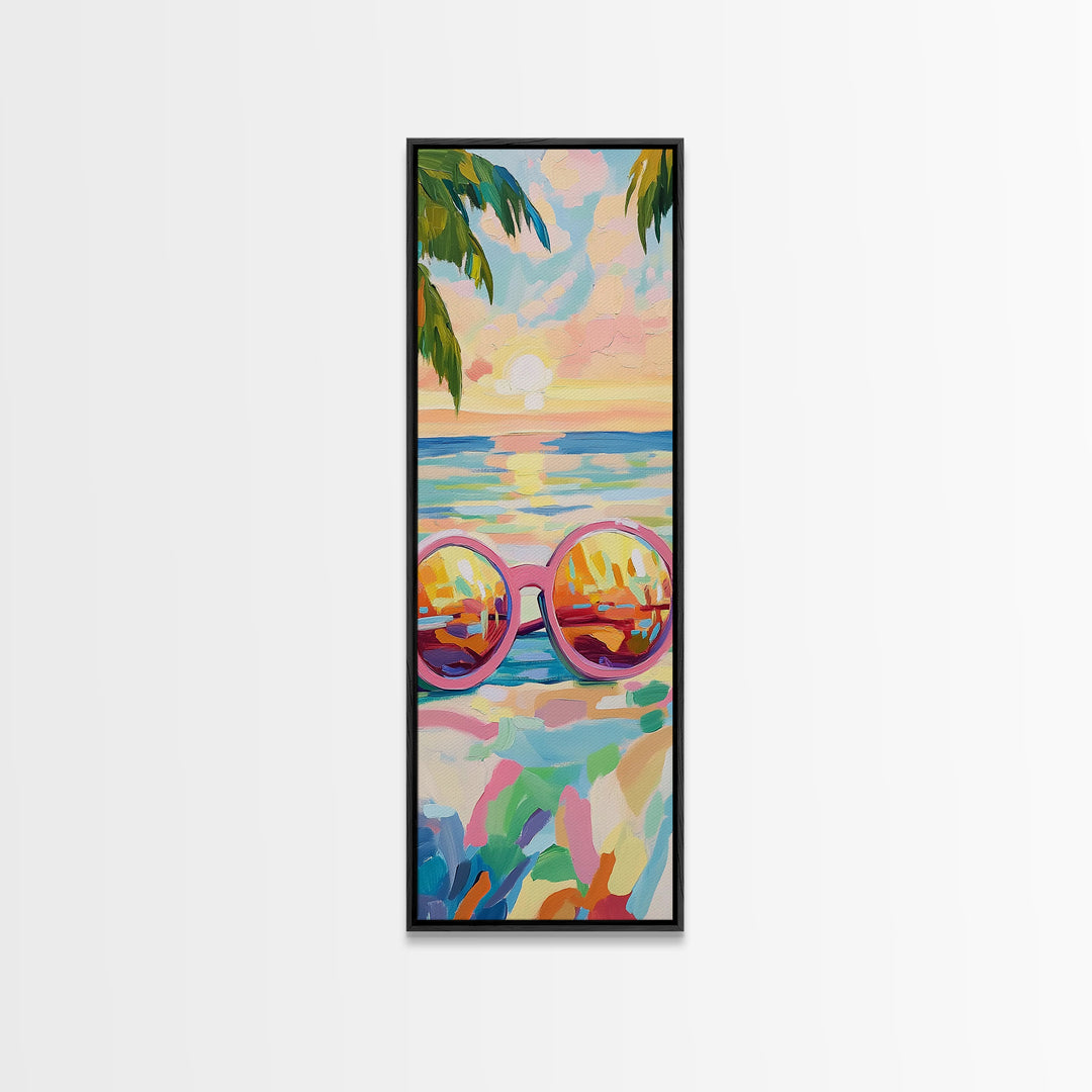Pink Sunglasses On Beach Sunset Wall Art, Coastal Canvas Print, Tropical Ocean Decor, Summer Vacation Housewarming Gift For Her