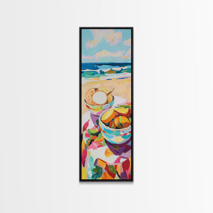 Beach Picnic Bowls And Seashell Painting, Coastal Canvas Print, Ocean Wall Art, Beach House Decor, Kitchen Art, Summer Decor