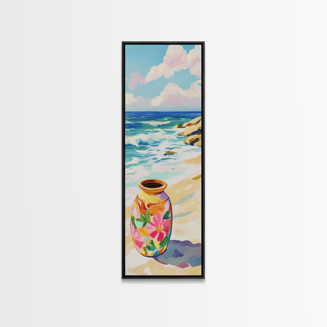 Floral Painted Vase On Sandy Beach Canvas Print, Coastal Wall Art, Ocean Decor, Tropical Flowers, Summer Housewarming Gift