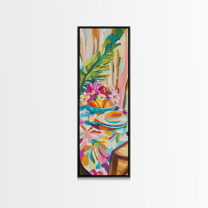 Tropical Tea Cup With Citrus And Flowers Wall Art, Colorful Kitchen Decor, Coastal Canvas Print, Bright Dining Room Art Print