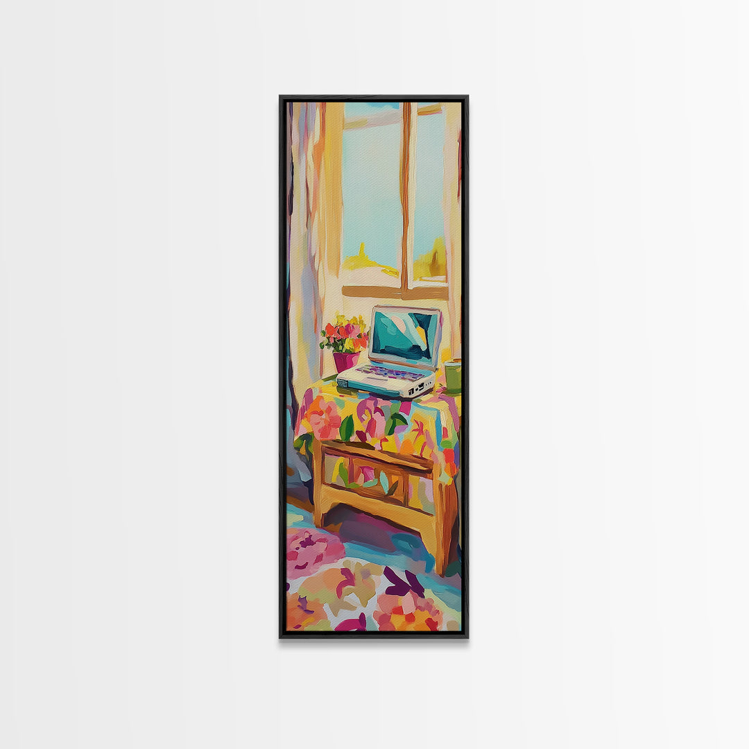 Cozy Laptop On Floral Bed Framed Canvas Print, Home Office Wall Art, Bedroom Decor, College Apartment Art For Guest Room