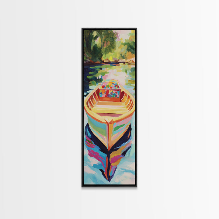 Colorful Rowboat On Sunlit River Wall Art, Coastal Lake Canvas, Bright Boho Home Decor, Living Room Art Print, Unique Housewarming Gift