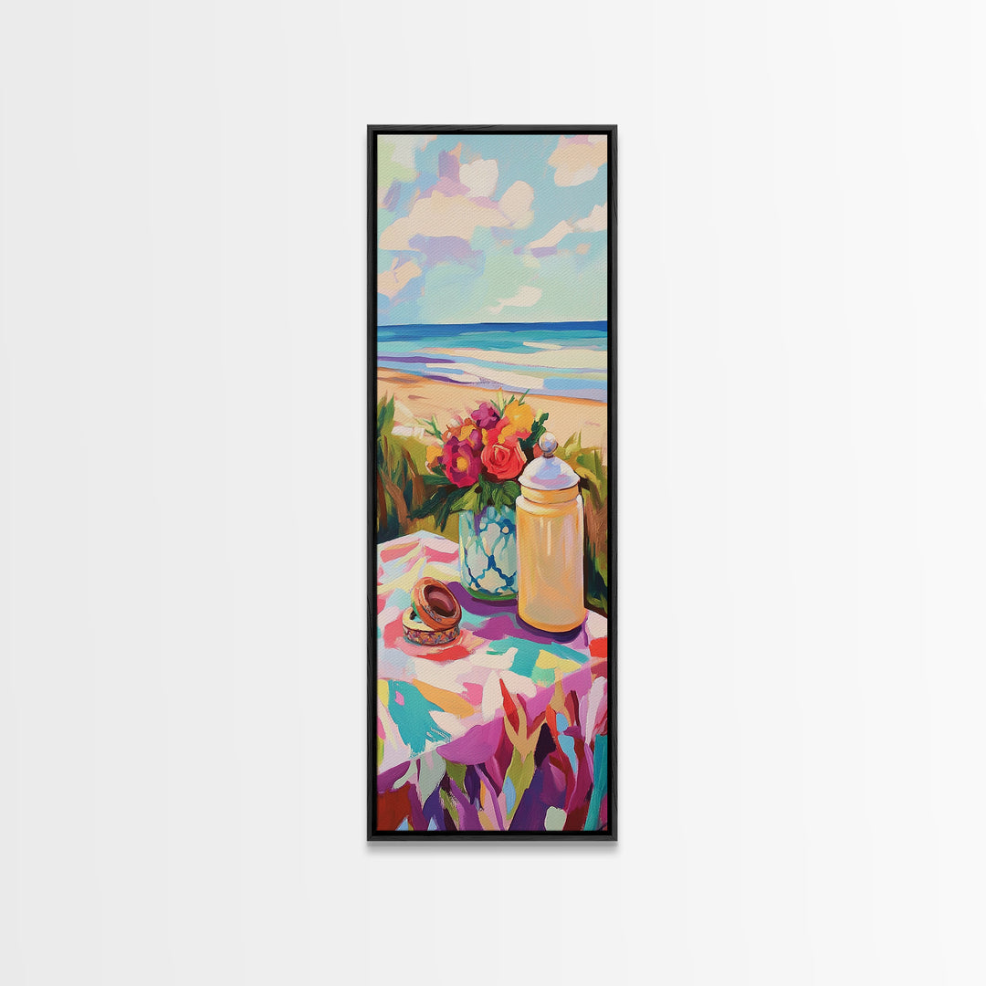 Beach Picnic Flowers And Shells Wall Art, Coastal Canvas Print, Ocean Living Room Decor, Beach House Art Gift For Her Decor
