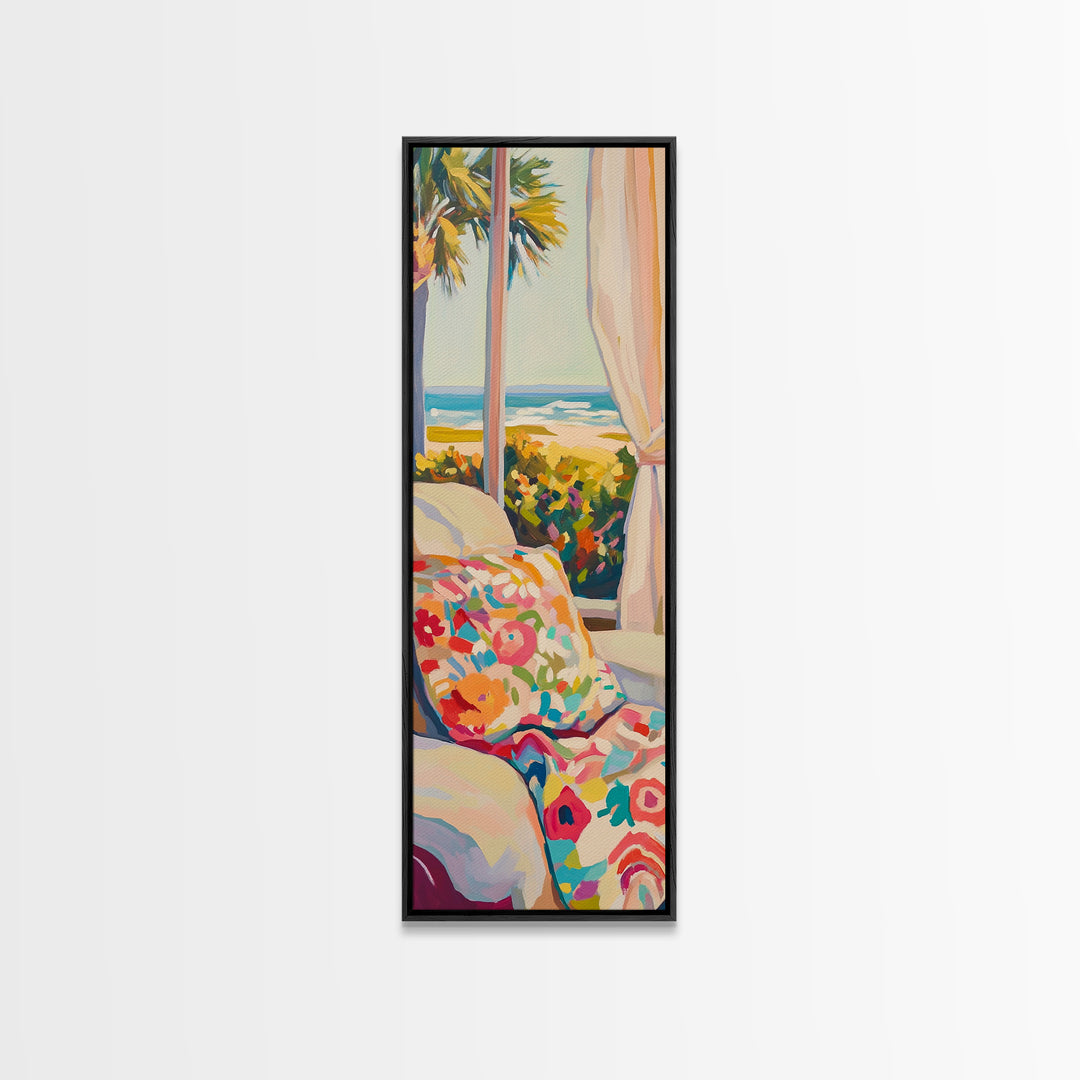 Coastal Bedroom With Ocean View And Floral Pillow, Beach Wall Art For Above Bed Decor, Canvas Print, Summer Home Decor Gift