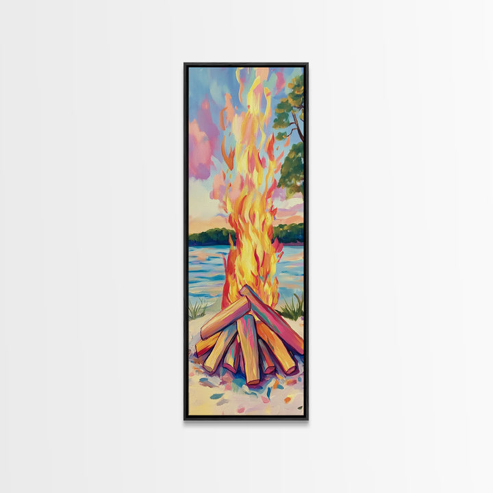 Lakeside Bonfire With Bright Flames Canvas Print, Cozy Rustic Cabin Wall Art, Campfire Decor, Summer Lake Housewarming Gift