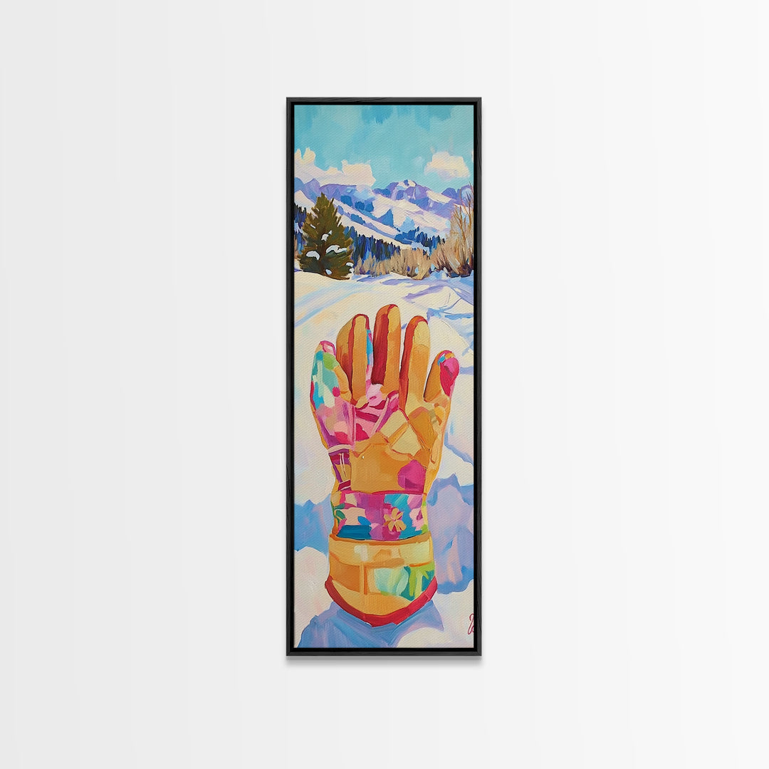 Colorful Winter Mitten In Snowy Mountain Landscape Wall Art, Ski Cabin Decor, Whimsical Kids Room Nursery Canvas Print Gift