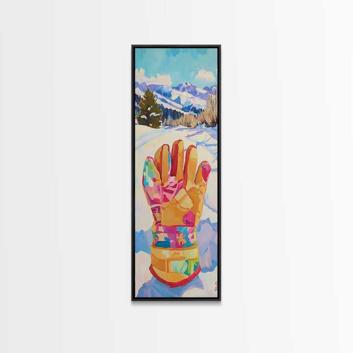 Colorful Winter Mitten In Snowy Mountain Landscape Wall Art, Ski Cabin Decor, Whimsical Kids Room Nursery Canvas Print Gift