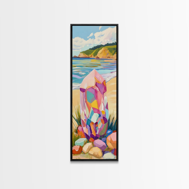 Rainbow Crystal Beach Canvas Print, Coastal Wall Art, Colorful Gemstone Decor, Ocean Landscape Print, Boho Beach House Gift