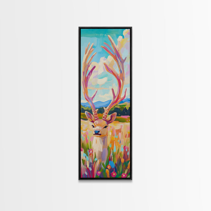 Whimsical Deer With Tall Antlers Canvas Print, Colorful Wildlife Wall Art, Meadow Landscape Decor, Rustic Nursery Gift, Animal Lover Gift