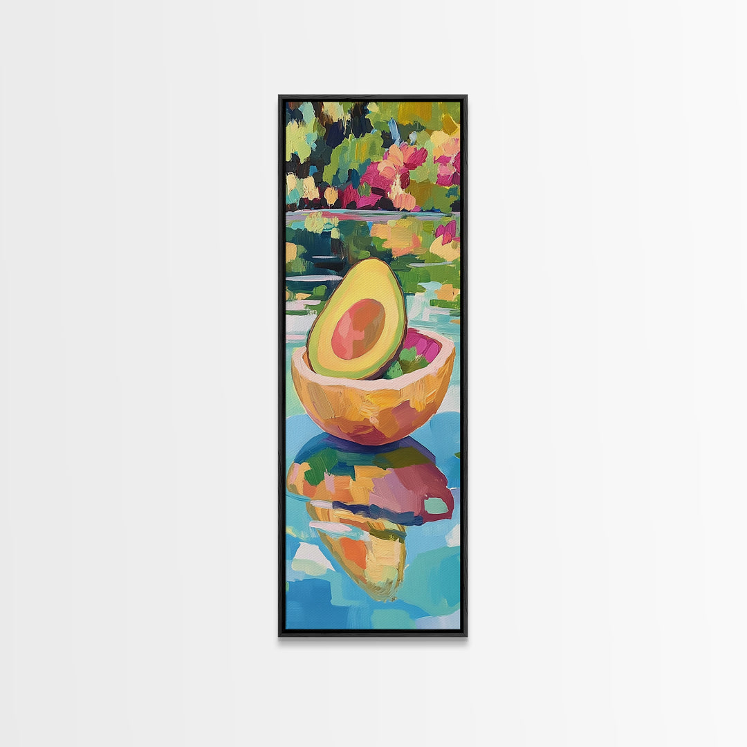 Avocado Half In Bowl Wall Art, Colorful Kitchen Print, Fresh Food Decor, Tropical Fruit Painting, Dining Room Canvas Print