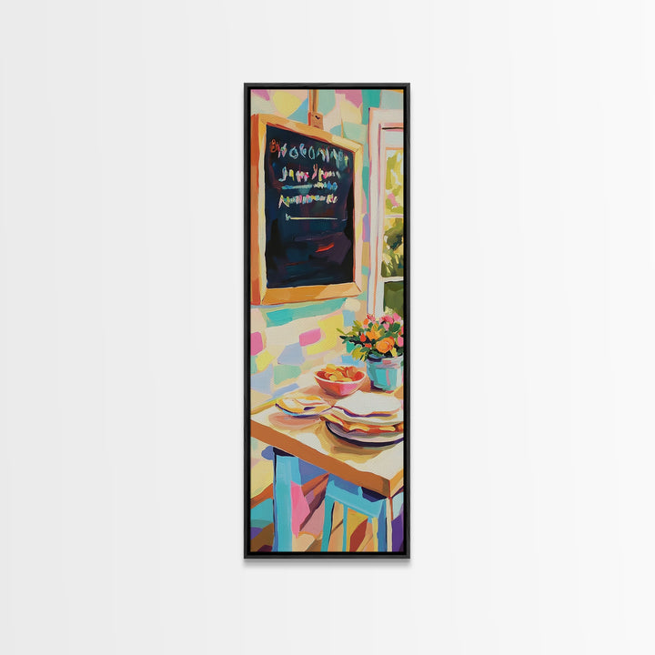 Cheerful Kitchen Table With Chalkboard Menu Wall Art, Breakfast Nook Canvas Print, Colorful Cafe Decor, Dining Room Print