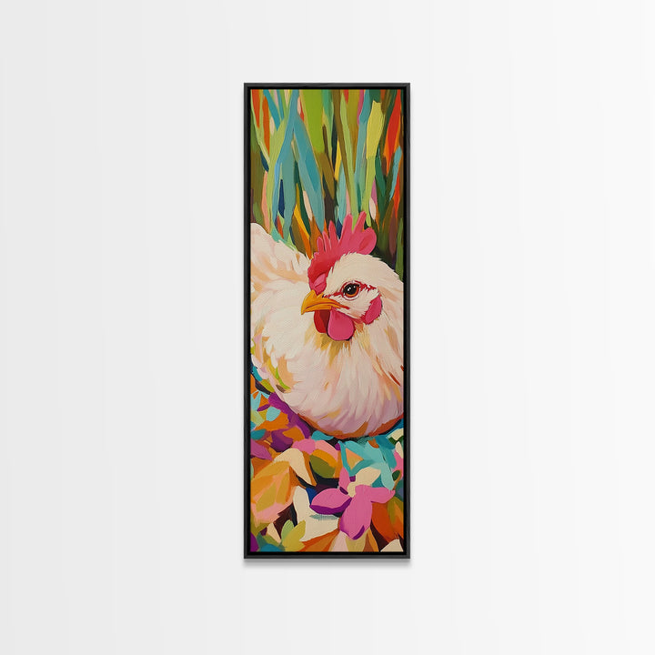 White Hen Among Tropical Leaves Framed Canvas Print, Colorful Animal Wall Art, Farmhouse Kitchen Decor, Whimsical Art Print