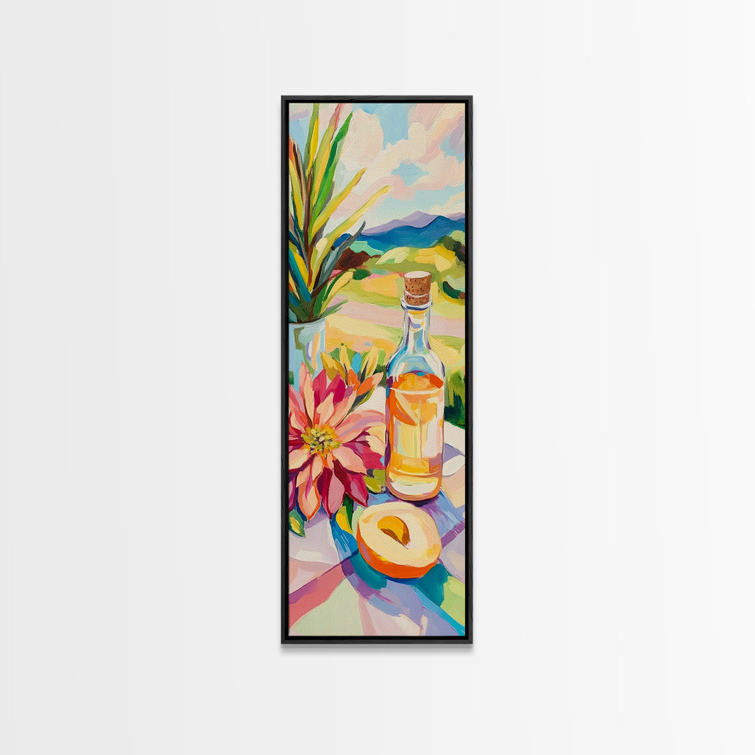 Sunlit Bottle With Flower And Citrus Framed Canvas Print, Mediterranean Kitchen Wall Art, Italian Decor, Landscape Art Print
