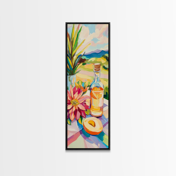 Sunlit Bottle With Flower And Citrus Framed Canvas Print, Mediterranean Kitchen Wall Art, Italian Decor, Landscape Art Print