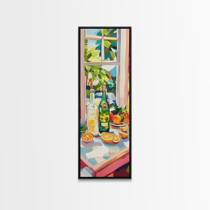 Sunny Window Bottles And Lemons Framed Canvas Print, Kitchen Wall Art, Citrus Wall Decor, Dining Room Prints, Home Decor
