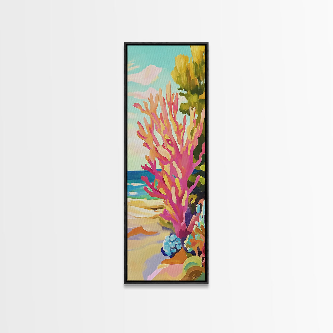 Pink Coral Reef By The Beach Canvas Print, Tropical Coastal Wall Art, Ocean Wall Decor, Bright Beach House Decor Gift For Her