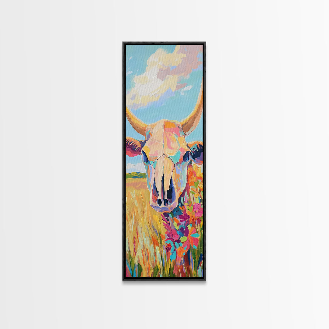 Pastel Cow Skull With Wildflowers Wall Art, Western Decor, Southwestern Canvas Print, Rustic Ranch Housewarming Gift For Her