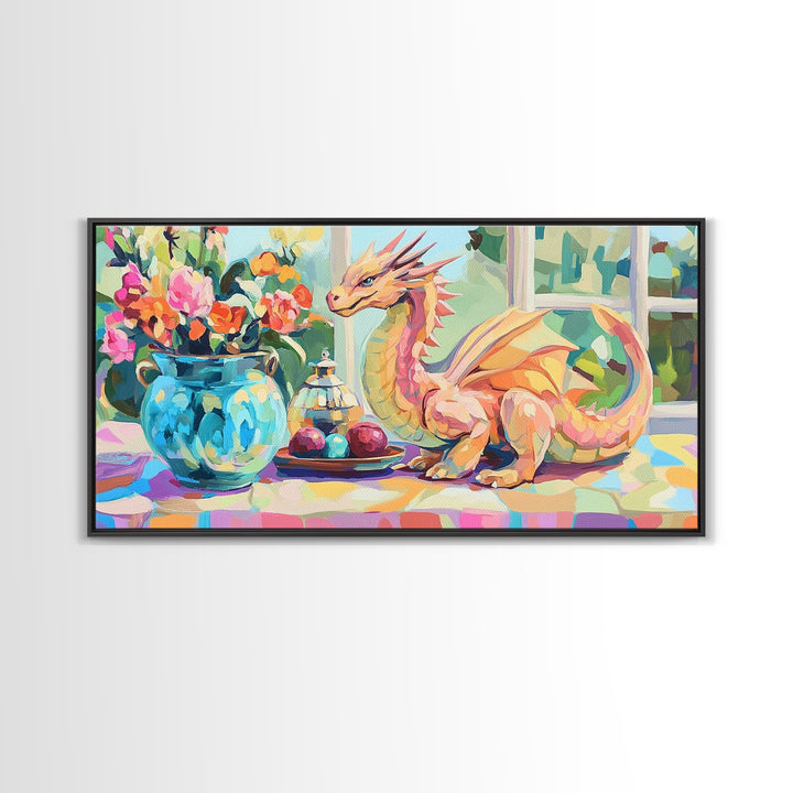 Whimsical Pink Dragon With Flowers Framed Canvas Print, Fantasy Wall Art, Nursery Decor, Girls Room Art, Unique Gift For Her