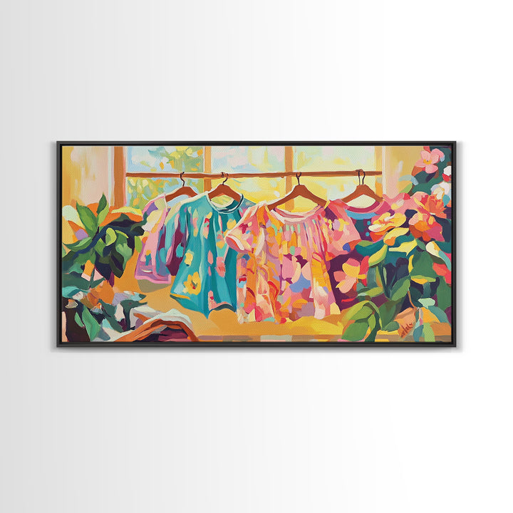 Bright Floral Dresses Hanging By Window Canvas Print, Fashion Wall Art, Feminine Wall Decor, Boutique Decor, Gift For Her