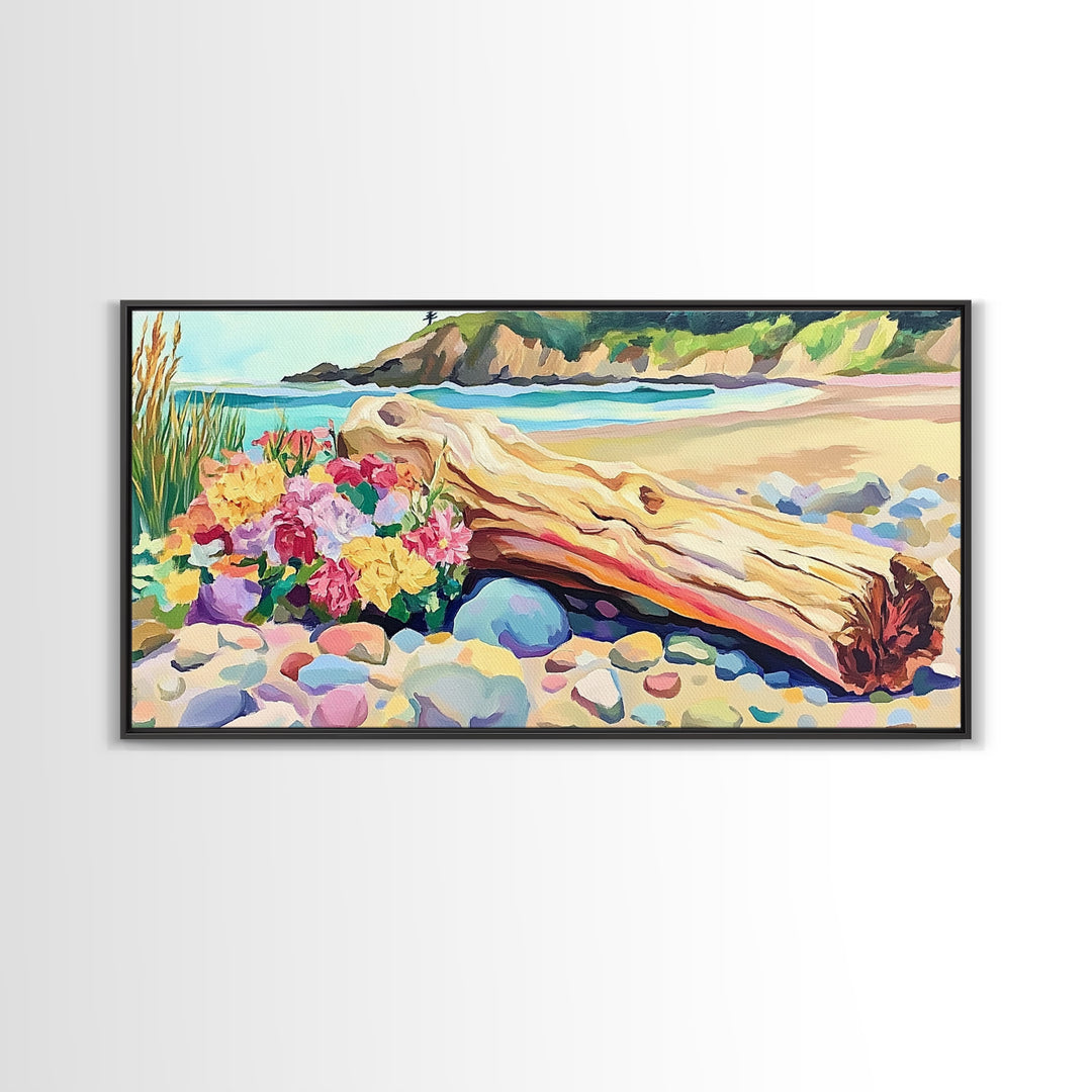 Driftwood Log And Wildflowers On Beach Framed Canvas Print, Coastal Wall Art, Seascape Art, Beach House Decor, Ocean Print