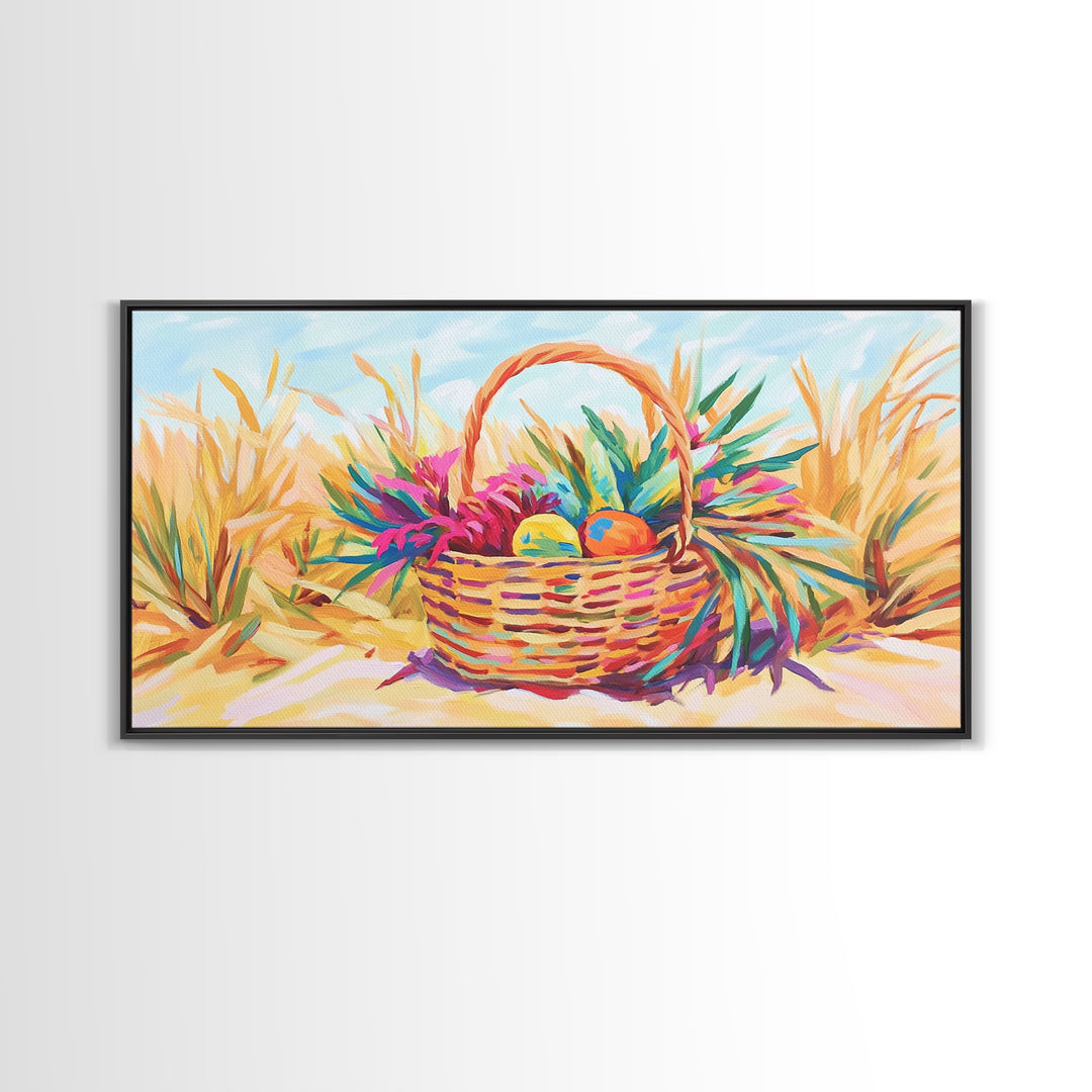 Beach Basket With Tropical Leaves Wall Art, Coastal Canvas Print, Summer Beach House Decor, Colorful Fruit Still Life Gift