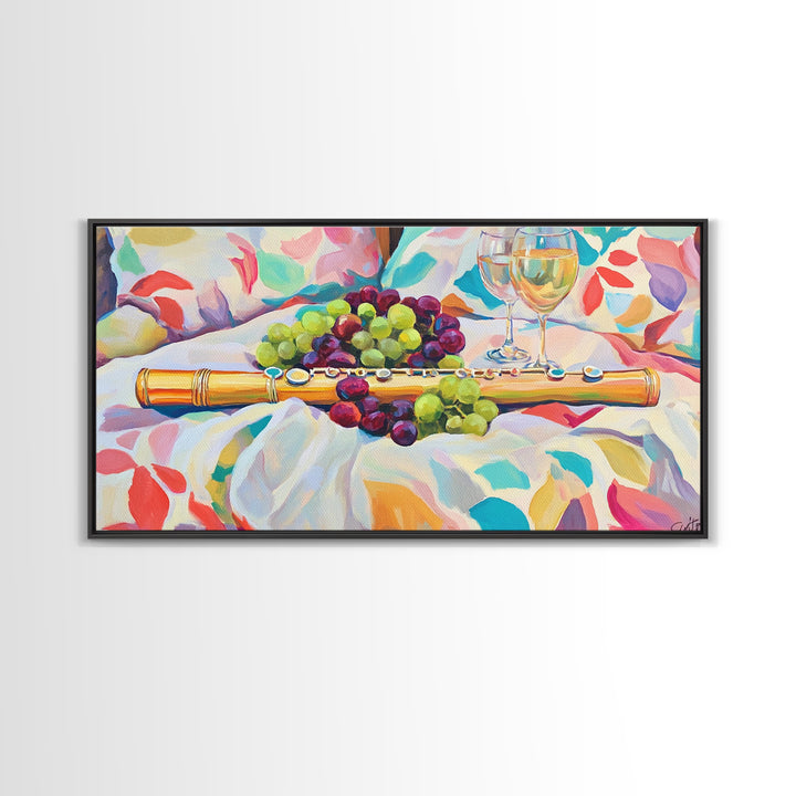 Golden Flute With Wine And Grapes Framed Canvas Print, Music Room Art, Winery Wall Art, Still Life, Dining Room Decor, Gift For Music Lover