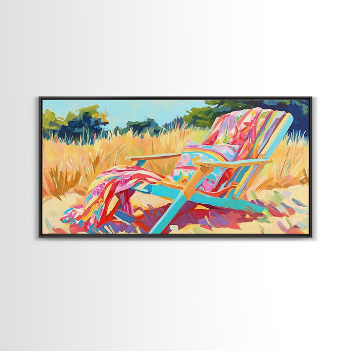 Colorful Beach Chair In Summer Grass Canvas Print, Coastal Wall Art, Beach House Decor, Summer Vibes, Relaxing Art Print