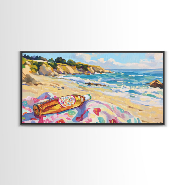 Beach Bottle On Towel Coastal Beach Canvas Print, Ocean Wall Art, Beach House Decor, Nautical Wall Decor, Summer Gift For Her