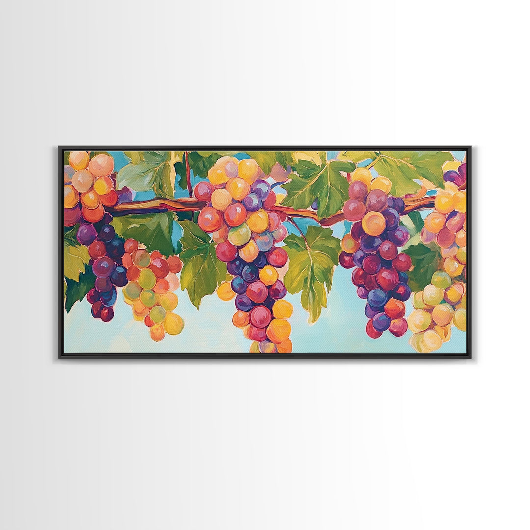 Sunlit Grape Clusters On Vine Framed Canvas Print, Vineyard Wall Art, Winery Decor, Colorful Kitchen Art, Wine Lover Gift