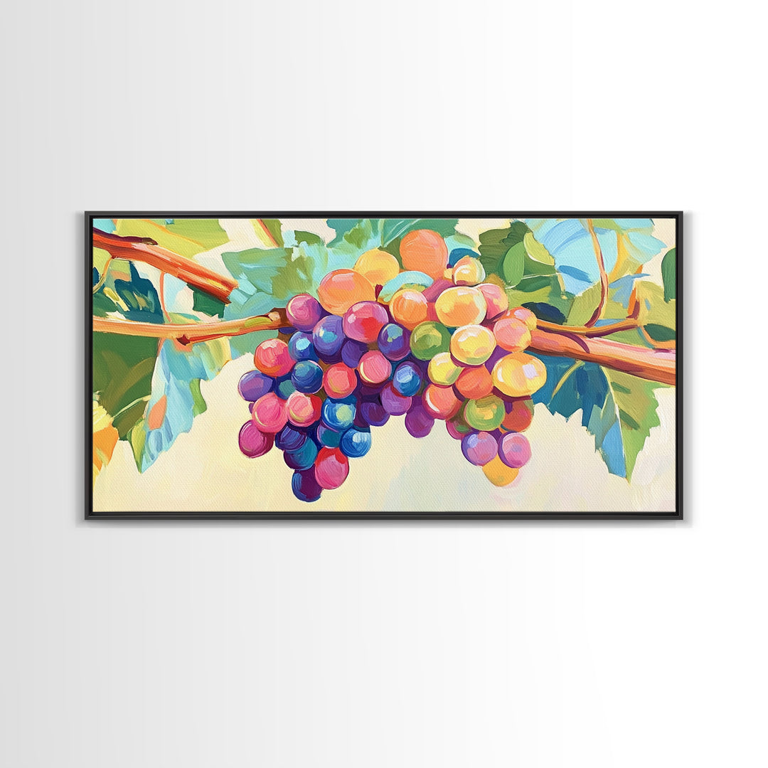 Bright Grape Bunches And Green Leaves Canvas Print, Vineyard Wall Art, Wine Kitchen Decor, Colorful Fruit Art, Winery Gift