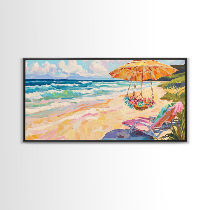 Sunny Beach Umbrella And Chair Framed Canvas Print, Coastal Wall Art, Ocean Decor, Beach House Living Room Art Gift, Summer Seascape