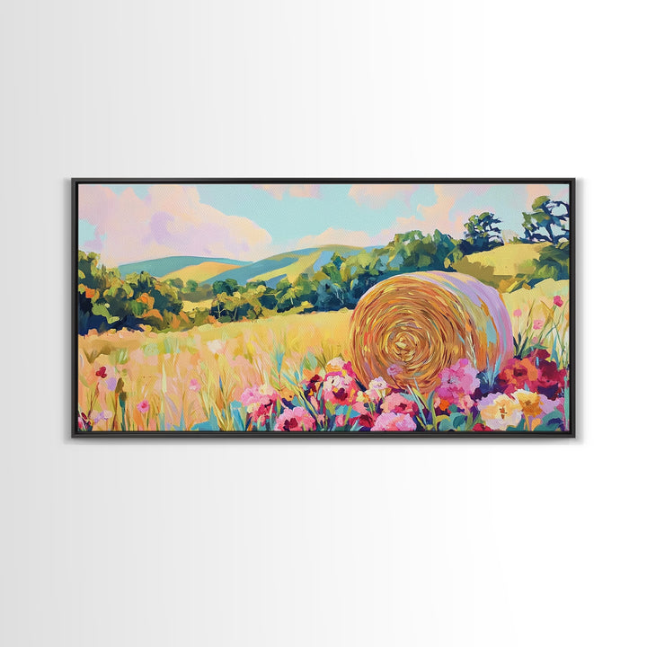 Golden Hay Bale Wildflower Meadow Canvas Print, Country Landscape Wall Art, Farmhouse Decor, Rustic Living Room Art Gift