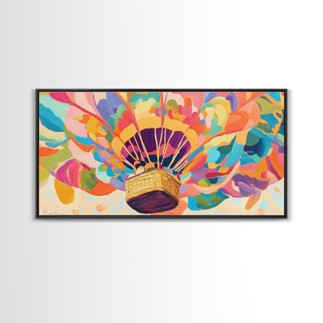 Rainbow Hot Air Balloon Canvas Print, Whimsical Nursery Wall Art, Colorful Dopamine Decor, Kids Room Fantasy Art Gift, Baby Shower