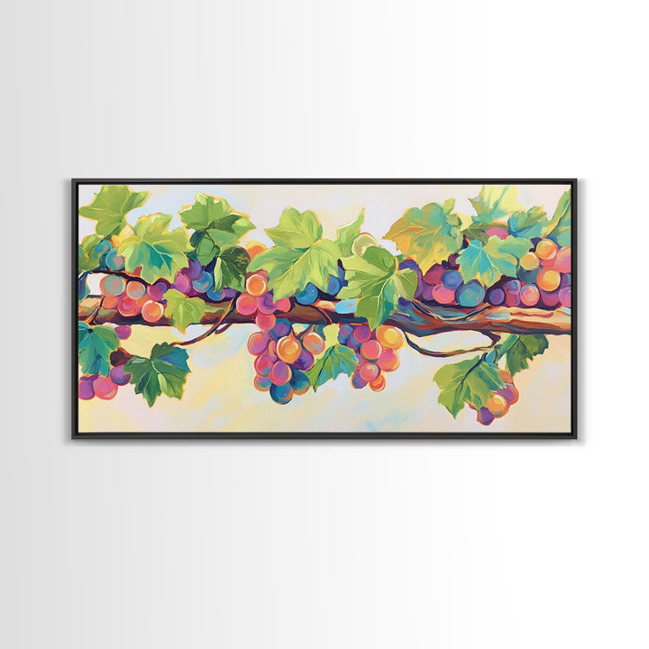 Sunlit Grapes And Green Vine Wall Art, Vineyard Canvas Print, Colorful Kitchen Decor, Rustic Farmhouse Dining Room Prints