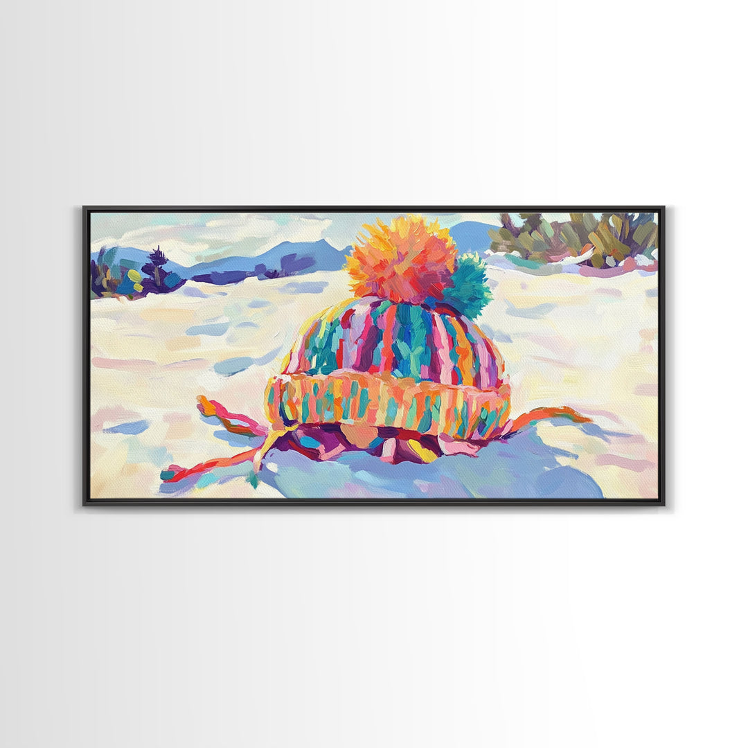 Striped Knit Hat In Snow Canvas Print, Cozy Winter Wall Art, Colorful Nursery Decor, Mountain Landscape, Housewarming Gift