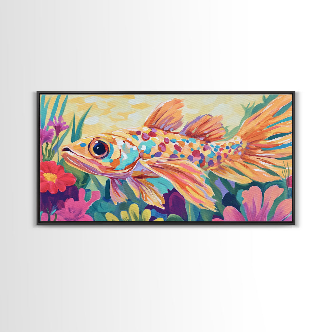 Colorful Goldfish Swimming Through Flowers Canvas Print, Whimsical Animal Wall Art, Ocean Nursery Decor, Bright Bathroom Art
