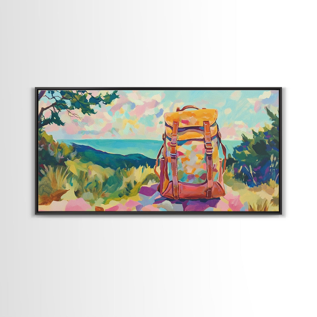 Floral Backpack Coastal Landscape Wall Art, Travel Inspired Art Print, Hiking Gift, Beach House Decor, Modern Nature Wall Decor