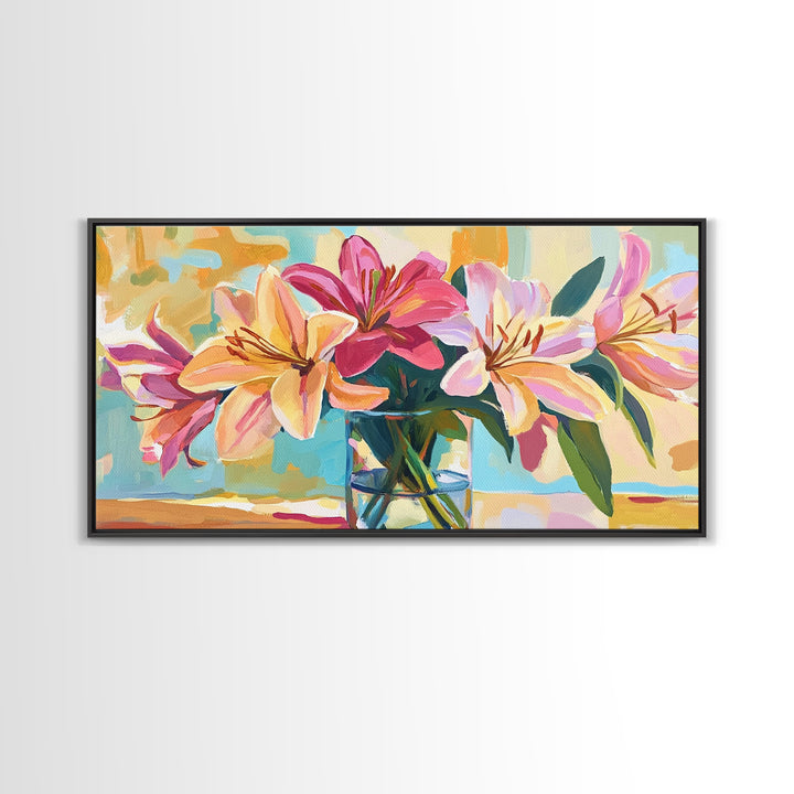 Pink Lilies In Glass Vase Framed Canvas Print, Floral Wall Art, Botanical Decor, Feminine Living Room Wall Decor, Gift For Her