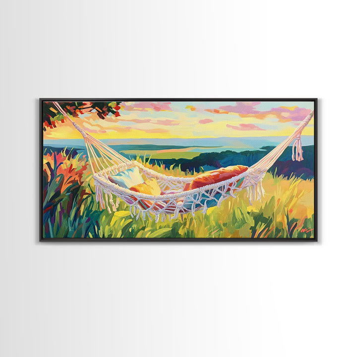 White Hammock By Coastal Meadow Wall Art, Beach House Decor, Relaxing Art Print, Summer Landscape, Above Bed Decor, Living Room Wall Decor