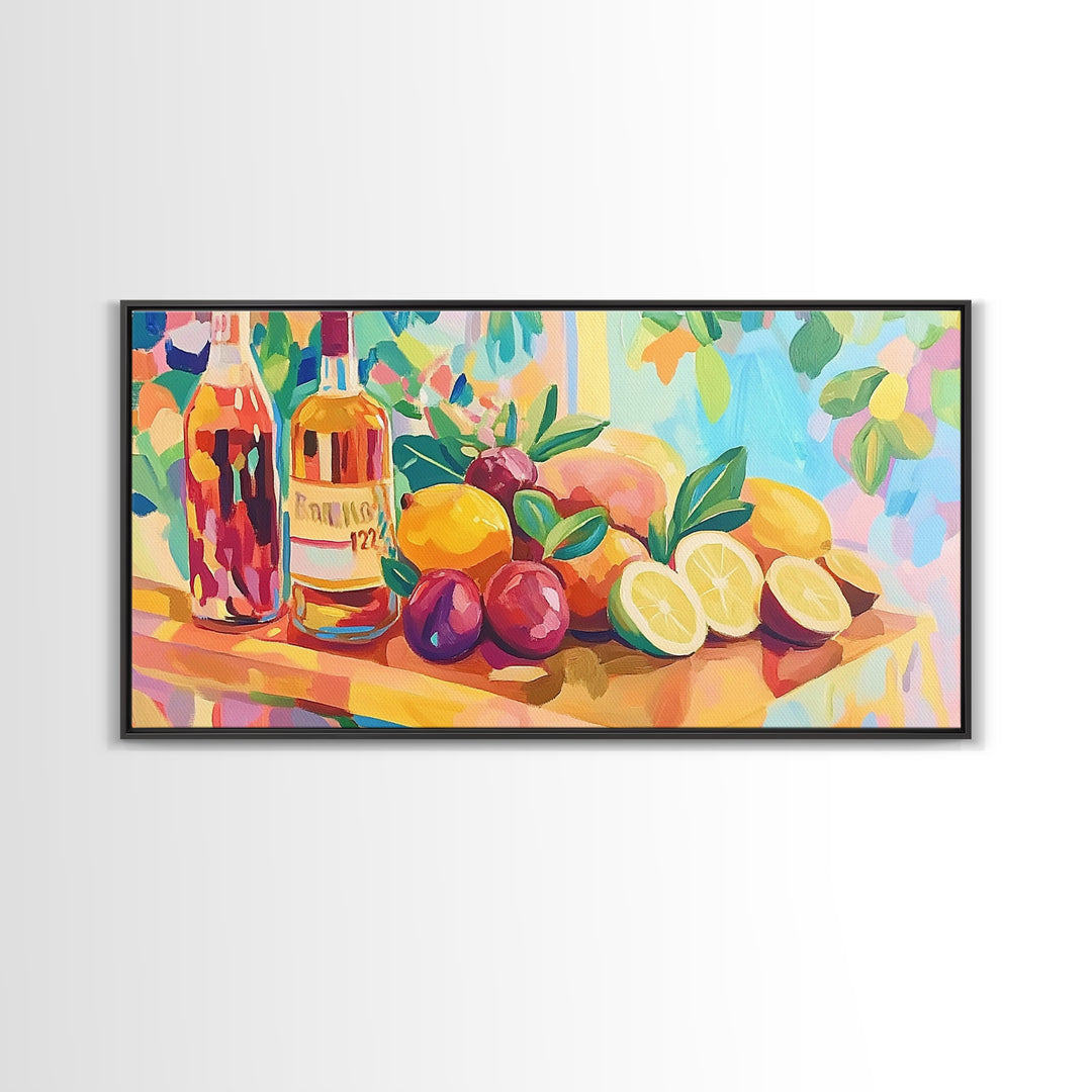 Colorful Citrus And Wine Still Life Canvas Print, Bright Kitchen Wall Art, Fruit Art Print, Dining Room Decor, Housewarming Gift
