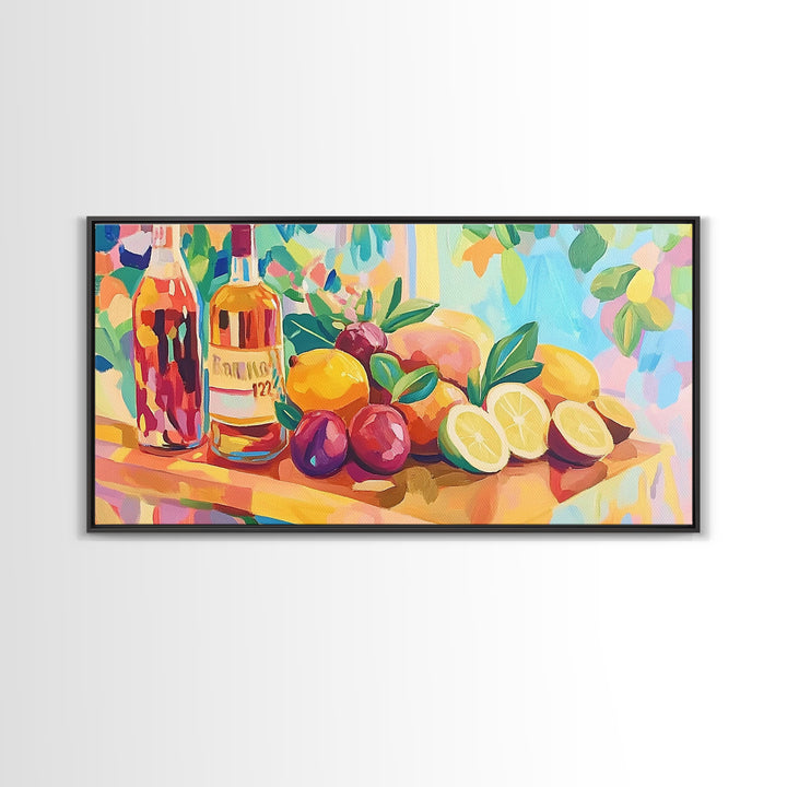 Colorful Citrus And Wine Still Life Canvas Print, Bright Kitchen Wall Art, Fruit Art Print, Dining Room Decor, Housewarming Gift
