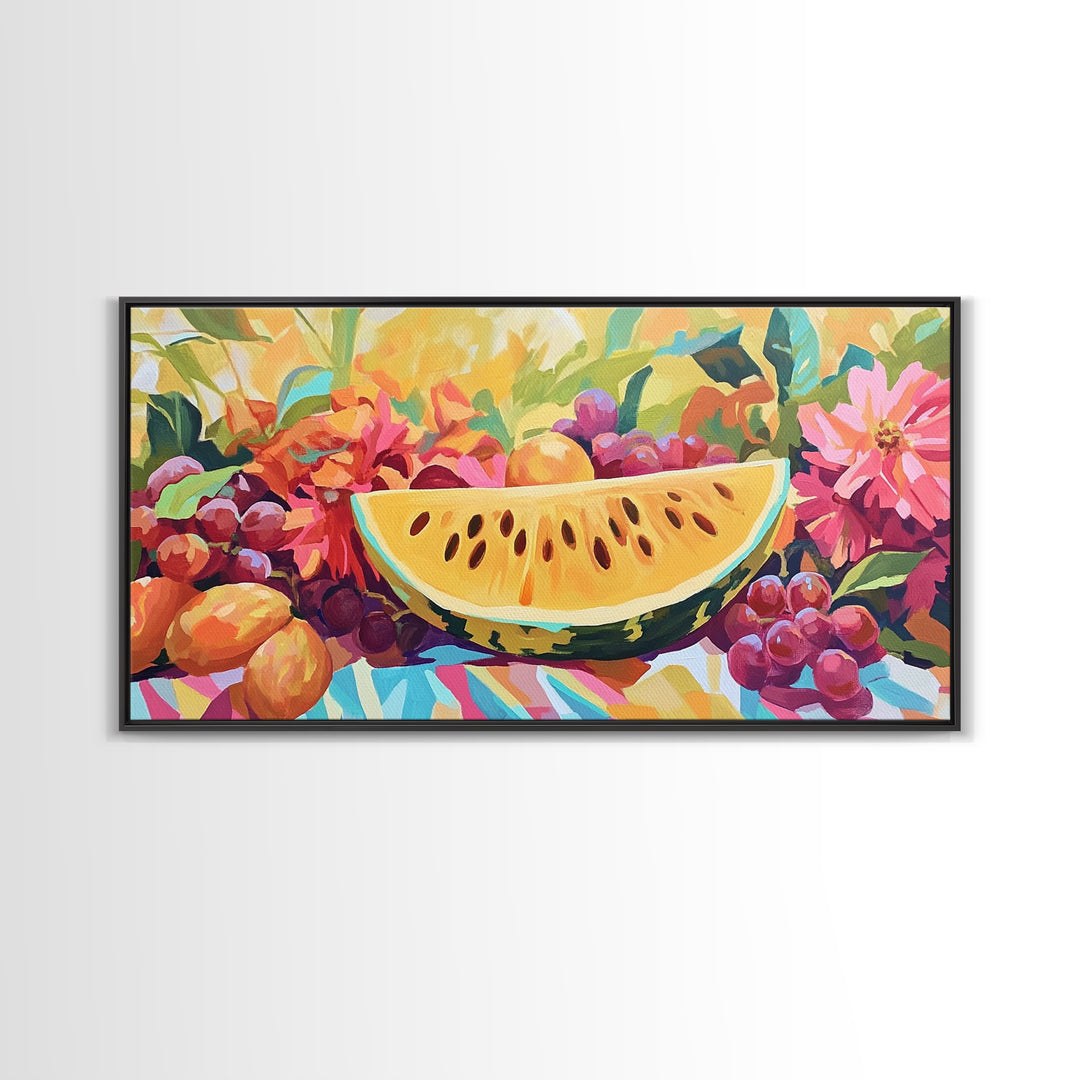 Sunny Watermelon And Summer Fruit Canvas Print, Colorful Kitchen Wall Art, Fruit Still Life, Dining Room Home Decor Gift