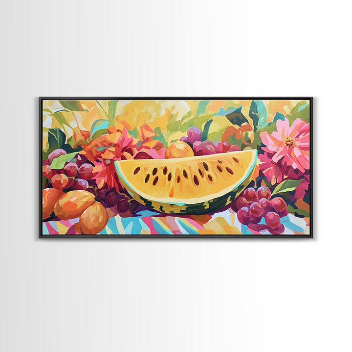 Sunny Watermelon And Summer Fruit Canvas Print, Colorful Kitchen Wall Art, Fruit Still Life, Dining Room Home Decor Gift
